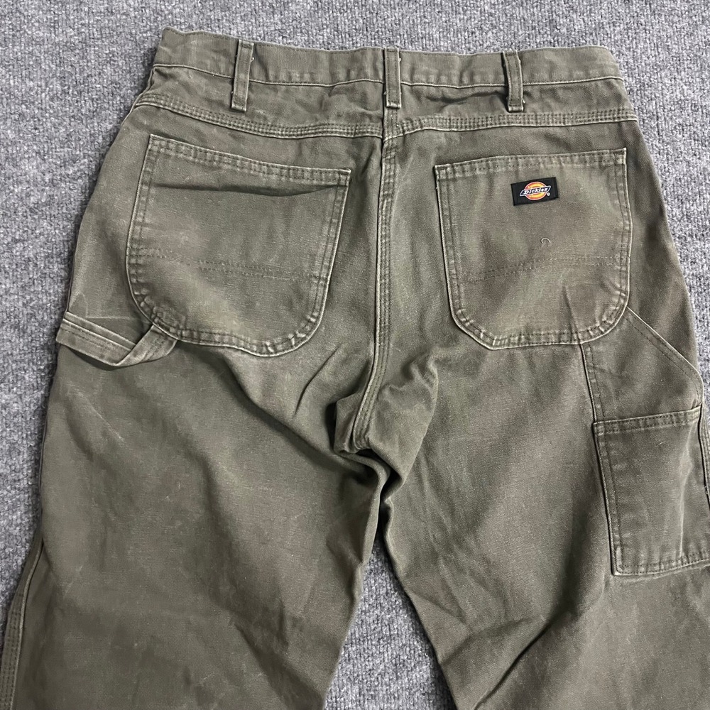 Dickies Carpenter Pants Mens Size 30x24 Olive Green Canvas Distressed Raw Hem - Picture 7 of 8